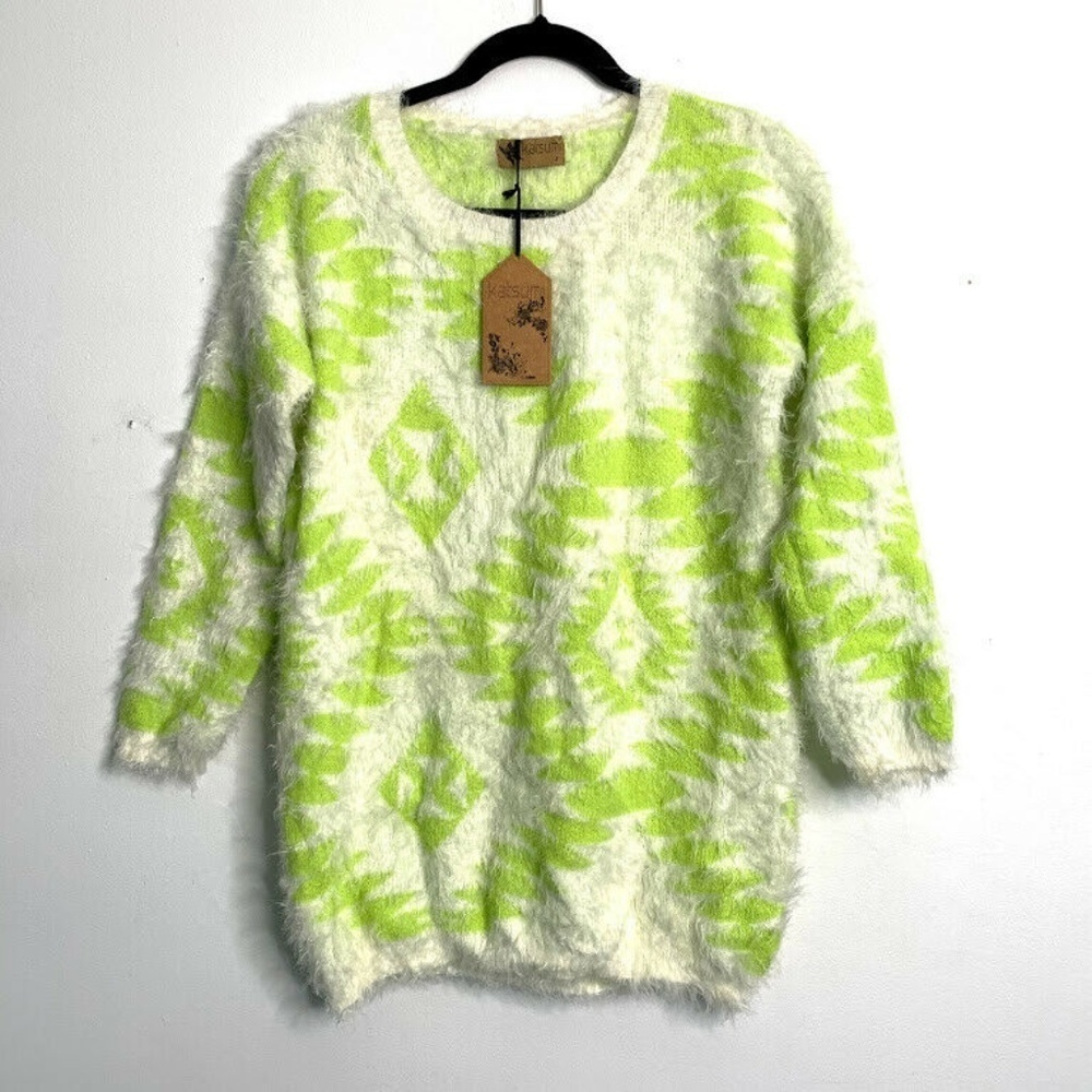 Katsumi S Lime White Aztec Eyelash Fuzzy Sweater